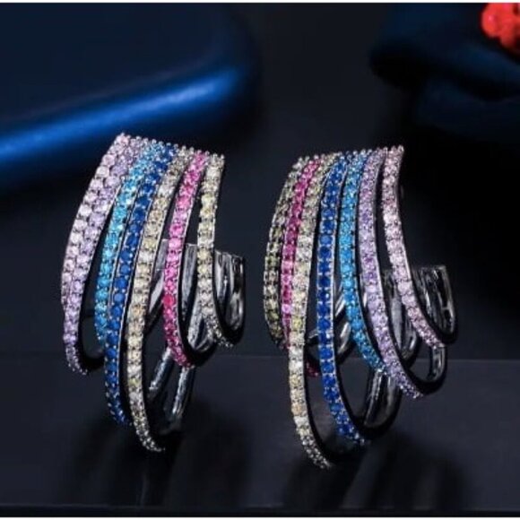 18k Gold Plated Multi-Color Simulated Diamond Zircon Half-Circle Drop Earring - Picture 3 of 6